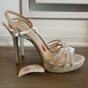 Betsey Johnson Strappy Pearl Heels with blue bottoms